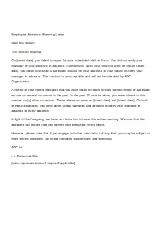 Employee Absence Warning Letter