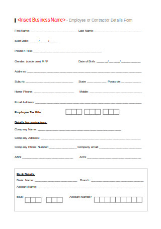Employee Details Form Template