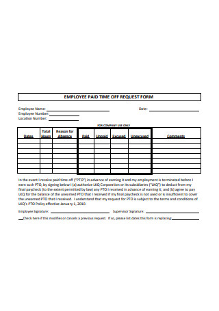 Employee Paid Time Off Request Form