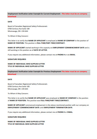 Employment Verification Letter for Current Employment