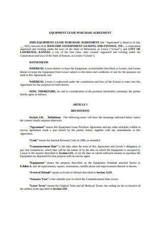 Equipment Lease Purchase Agreement Sample