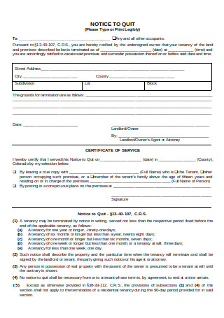 Formal Notice to Quit Form