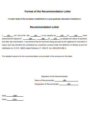 Format of the Recommendation Letter