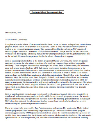 recommendation letter for graduate students samples