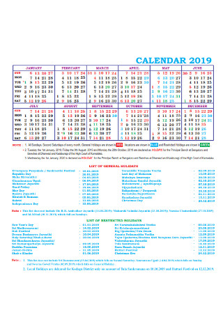 High Court Year Calendar