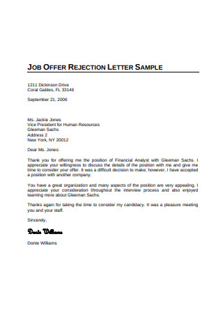Job Offer Rejection Letter Sample