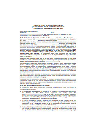 Joint Venture Agreement Form
