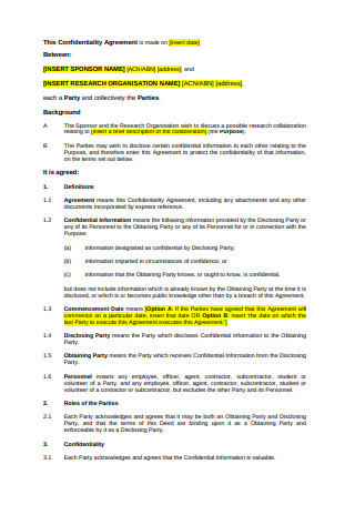 Model Confidentiality Agreement