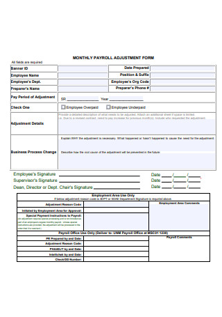 Monthly Payroll Adjustment Form