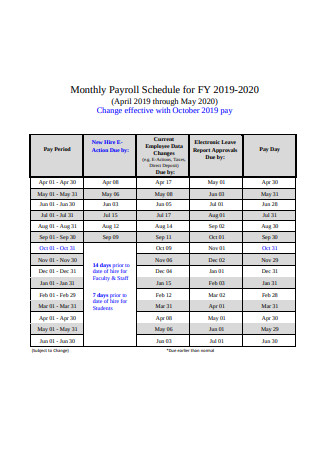 Monthly Payroll Schedule