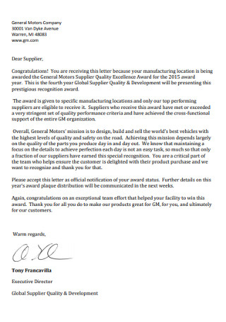 Motors Company Congratulations Letter