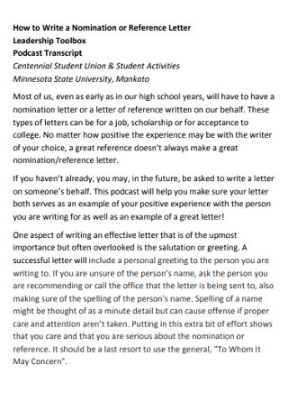 Personal Nomination Reference Letter