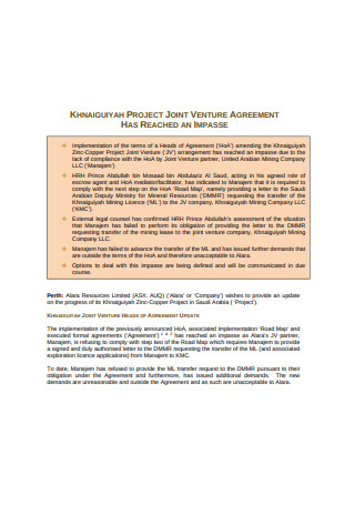 Project Joint Venture Agreement