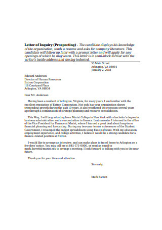 Prospecting Inquiry Letter