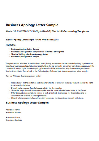 Sample Business Apology Letter
