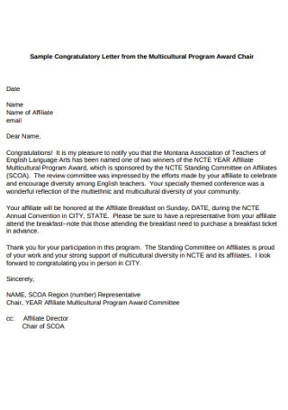Sample Congratulatory Letter from the Multicultural Program Award Chair