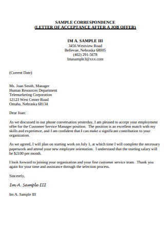 Sample Correspondence Job Offer Letter