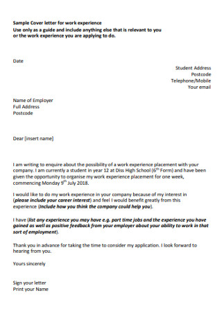 Sample Cover Letter for Work Experience