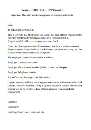 Sample Employer’s Job Offer Letter