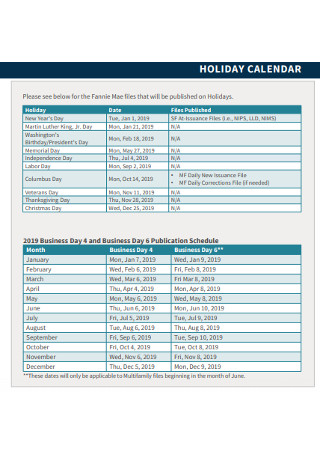 Sample Holiday Calendar