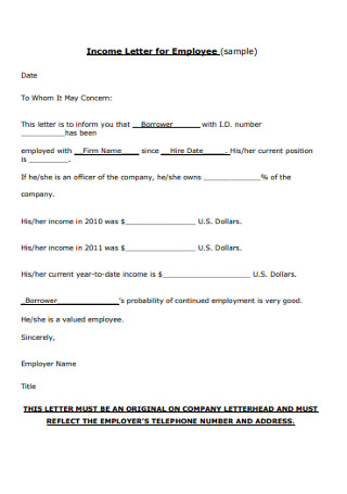 Sample Income Letter for Employee