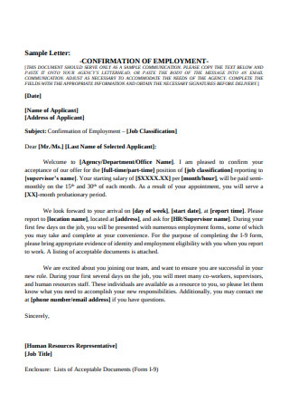 Sample Letter of Employment Confirmation