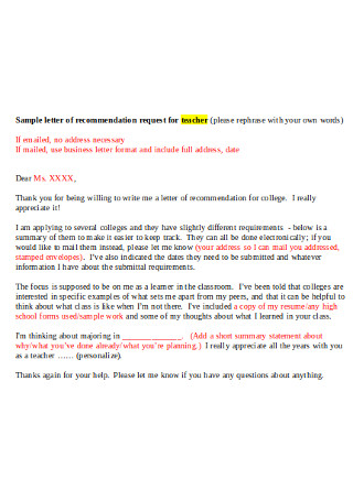 Sample Letter of Recommendation Request for Teacher
