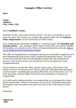 Sample Offer Letter for Administrative Position