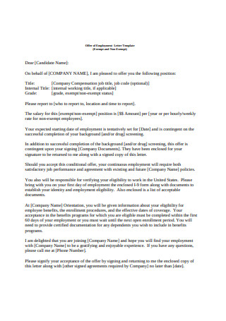 Sample Offer of Employment Letter