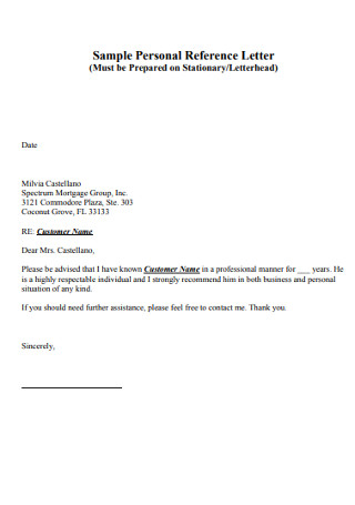 Sample Personal Reference Letter