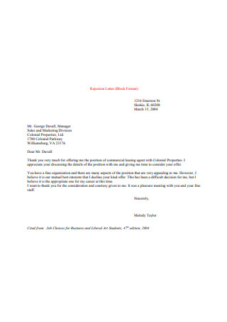 Sample Rejection Letter Format