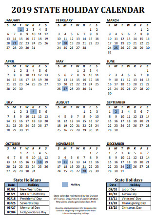 Sample State Holiday Calendar
