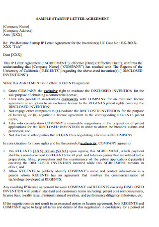 Sample Stratup Letter of Agreement