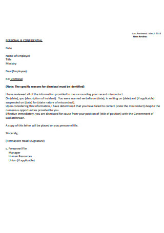 Samples Letter of Dismissal for Cause