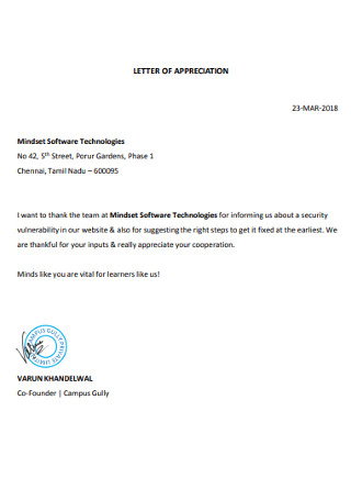 Software Technologies Letter of Appreciation