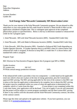 Solar Community Reservation Recommendation Letter
