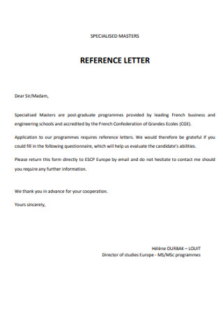 Specialised Master Reference Letter