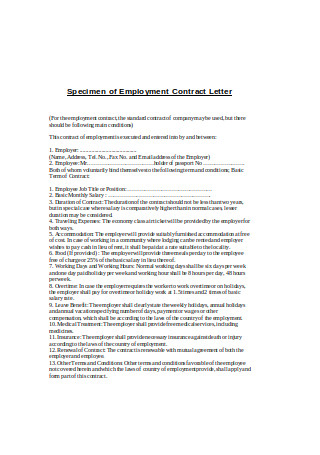 Specimen of Employment Contract Letter