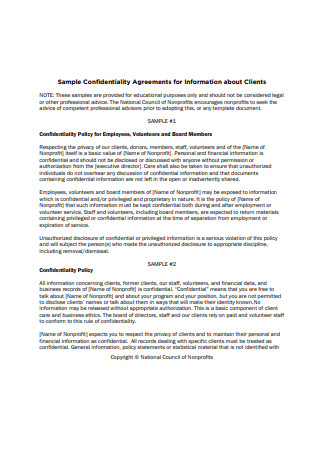 Standard Confidentiality Agreement Example