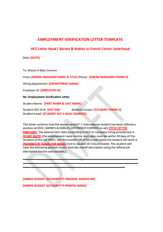 Standard Employment Verification Letter