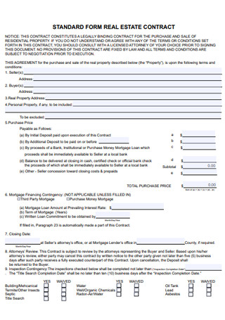 Standard Real Estate Contract Form