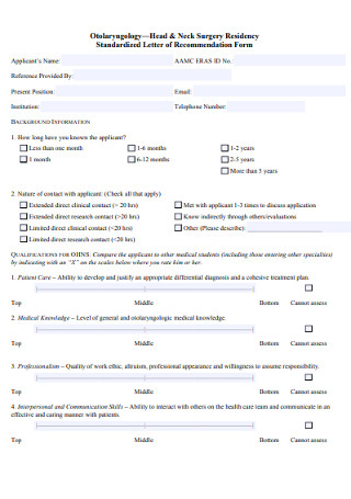 Standardized Letter of Recommendation Form