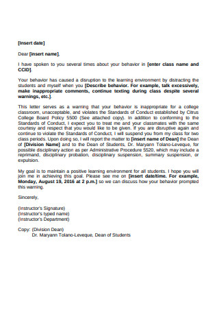 Student Conduct Warning Letter