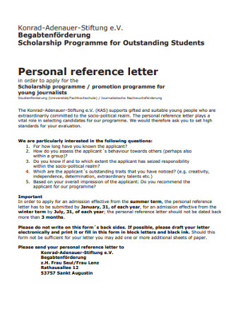 Student Personal Reference Letter