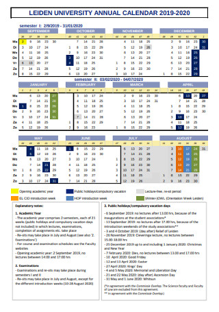 University Annual Mothly Calendar