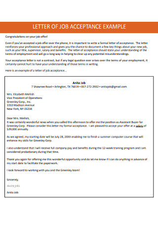 job Acceptance Letter Example