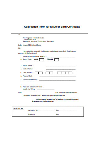 Application Form for Issue of Birth Certificate Sample
