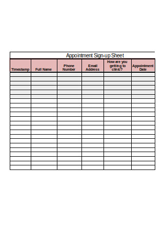 Appointment Sign up Sheet
