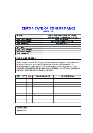 Basic Certificate of Material Conformance
