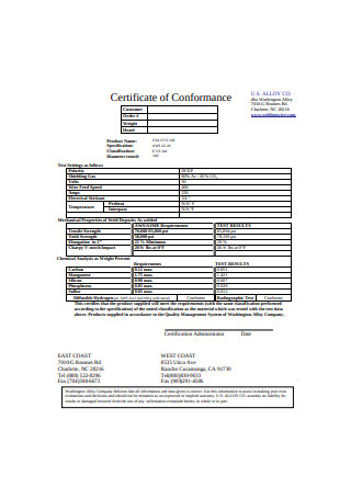 Certificate of Conformance Example